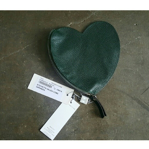 NWT Italian Leather Heart Shaped Hunter Green Zippered Pouch - Picture 10 of 13